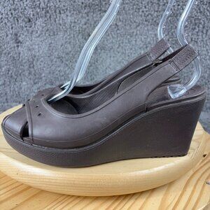 Crocs Shoe Farrah Wedge Heel Sandal Womens Size 9 Brown Slingback Peep Toe